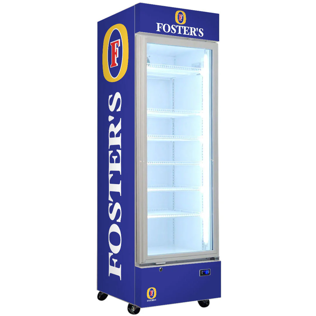 Fosters Lager Branded Design - Upright Quiet Running Glass Door Bar Fridge - Model SC372W-FOSTERS
