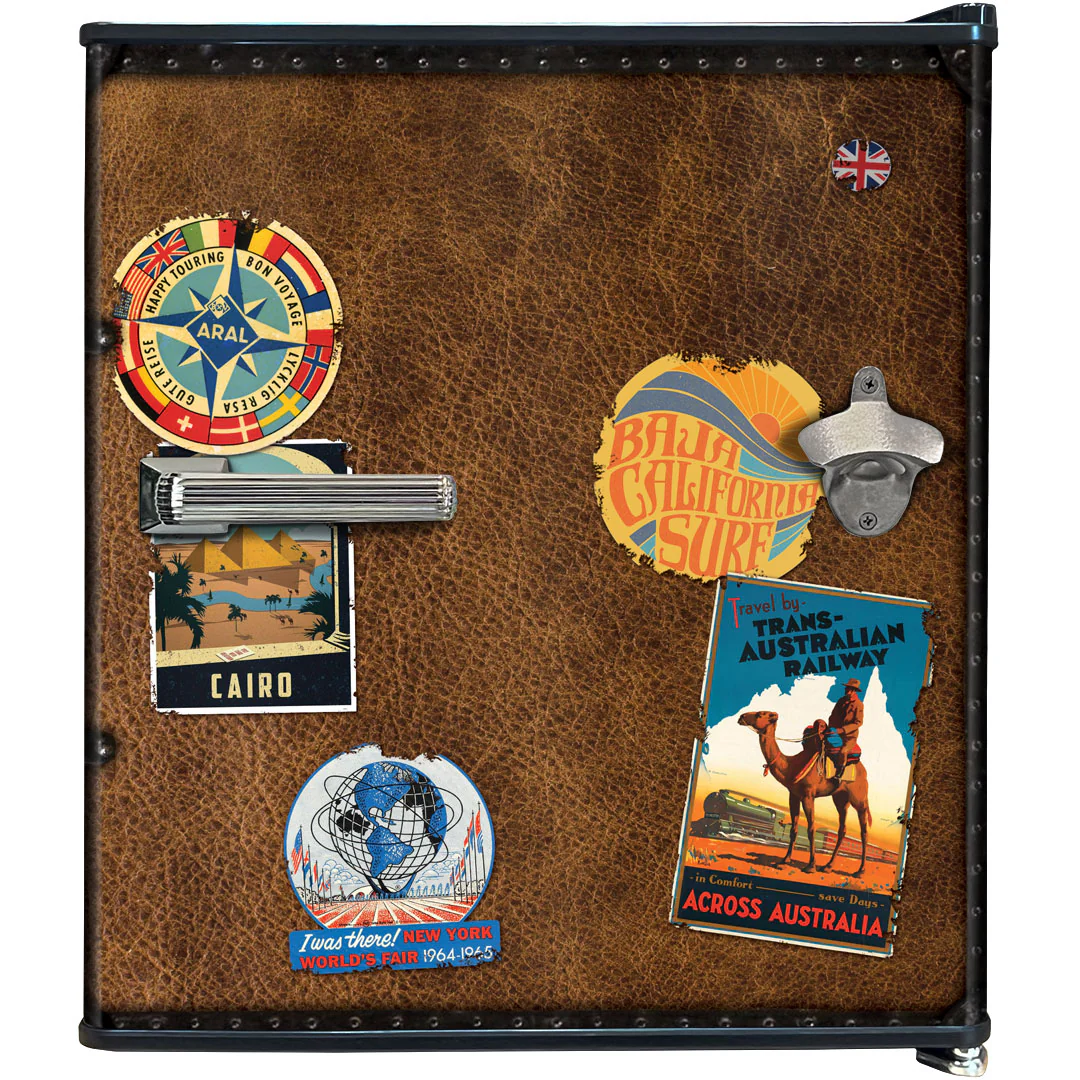 Funky Luggage Case Design Vintage Mini Bar Fridge With Handle And Opener - Add Your Own Initials - Model BC46B-TRAVEL - Image 8