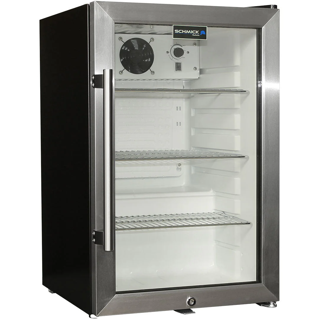 Tropical Glass Door Mini Bar Fridge Chromed Adjustable Shelves Blue Led Light And Holds 80 Cans - Model EC68-SSH - Image 3